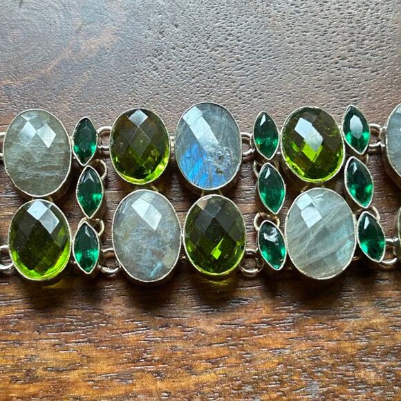 Vintage Sterling Silver Mixed Gemstone Bracelet – 77.29g – Labradorite & Peridot - Picture 3 of 8